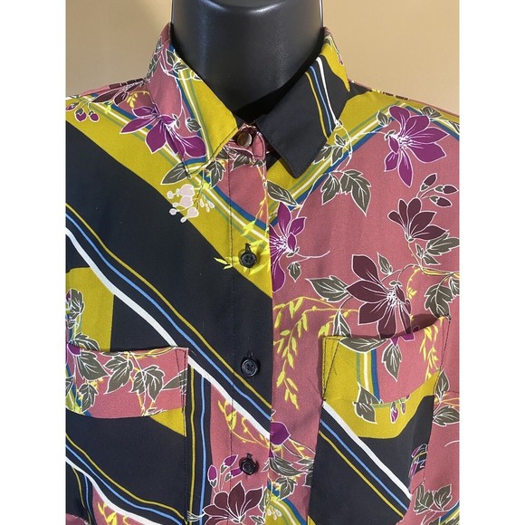 Multicolor Floral/striped Button Up Top With Pockets/button Sleeves Size XS - Picture 14 of 16